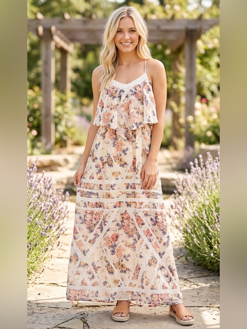 Floral Lace-Trim Cream Maxi Dress